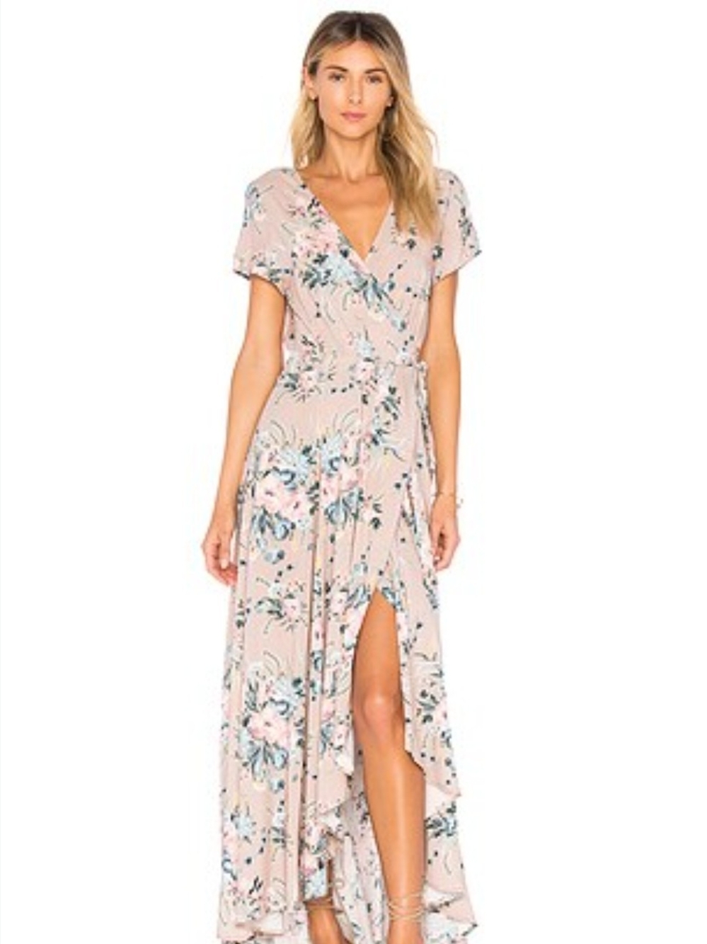SHEIN Pink Floral High-Low Wrap Dress